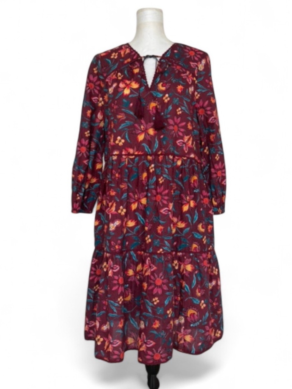 Sundance "Eternal Summer" Dress, tiered midi, maroon floral print, tassels, M
